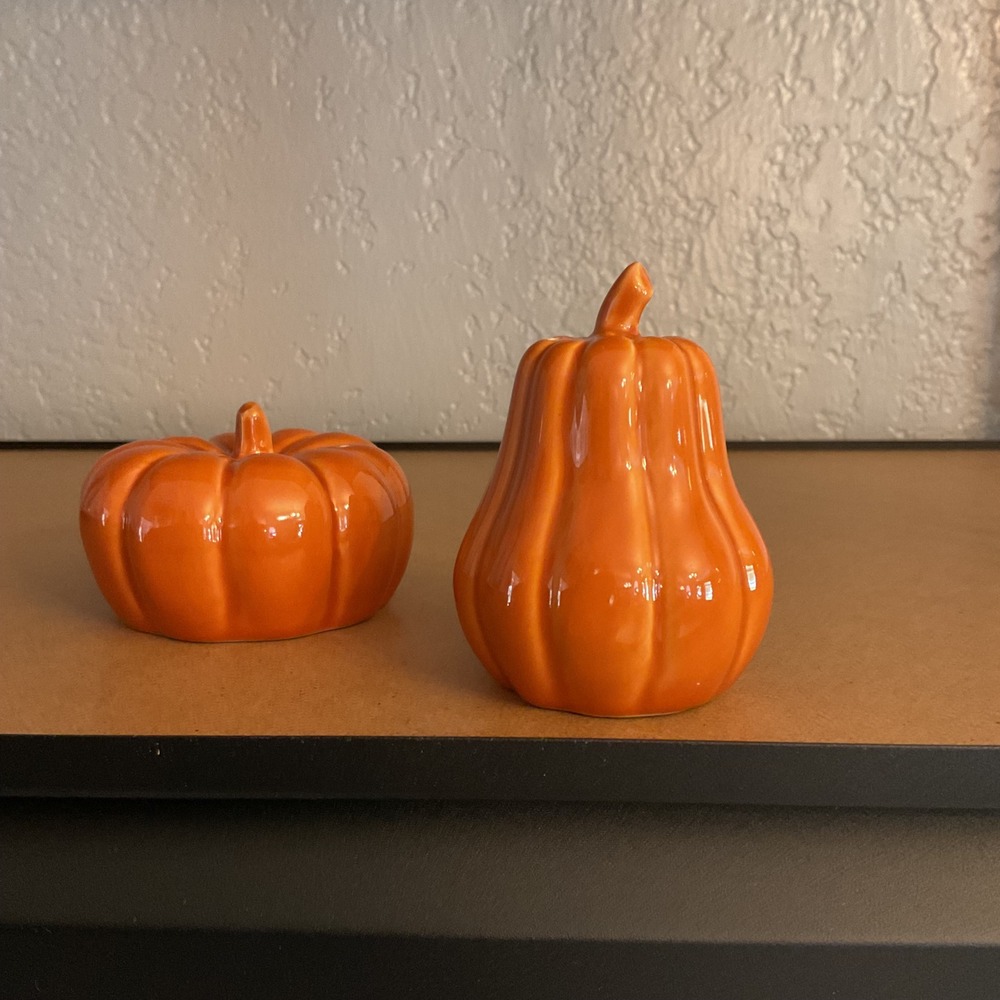 Orange Ceramic Pumpkin Salt and Pepper Shakers Set Fall Harvest Thanksgiving